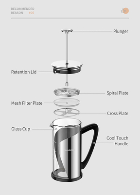 Bebas BPA 34oz French Press 4 Lapisan Filter Baja Tahan Karat 1000ML