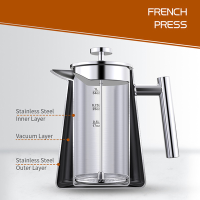 1000ml/34oz Stainless Steel Plunger Kopi Pot Vakum 13.4*20.5cm