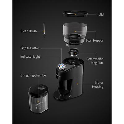 100W Penggiling Kopi Hitam Otomatis Portabel 240g Conical Burr 2-12 Cangkir 14 Dapat Disesuaikan