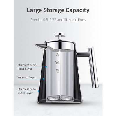 1000ml/34oz Vacuum Pot Pembuat Kopi Tetap Hangat Pembuat Teh French Press LFGB